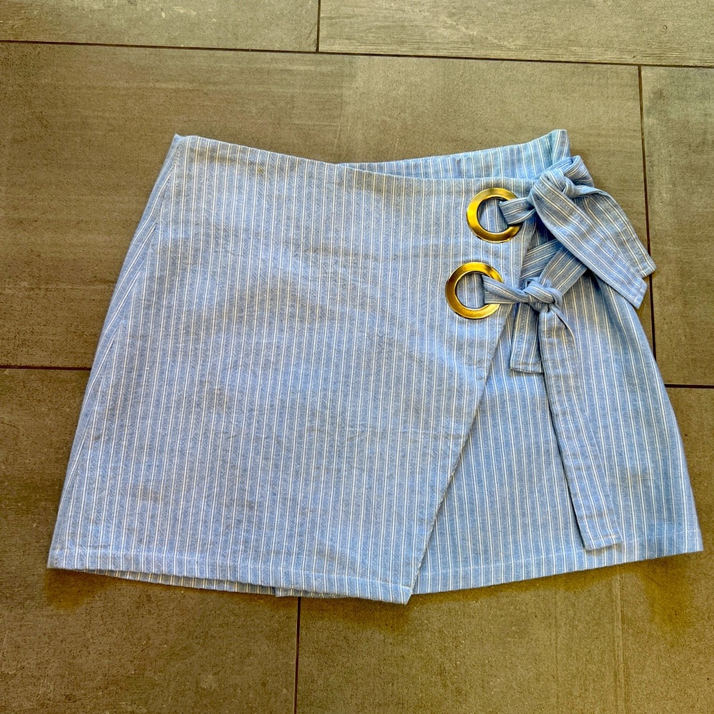 Striped Blue Wrap Skirt with Silver Ring Accents & back zipper. Cotton w stretch